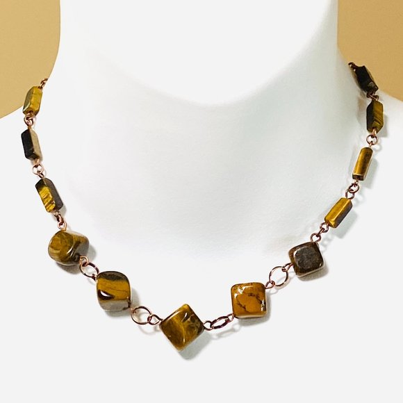 Rustic Natural Tigers Eye Necklace, Genuine Gemstone + Copper Chain - Picture 1 of 13